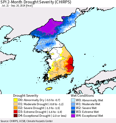 Korea SPI 2-Month Drought Severity (CHIRPS) Thematic Map For 7/21/2024 - 9/20/2024