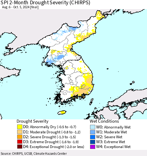 Korea SPI 2-Month Drought Severity (CHIRPS) Thematic Map For 8/6/2024 - 10/5/2024