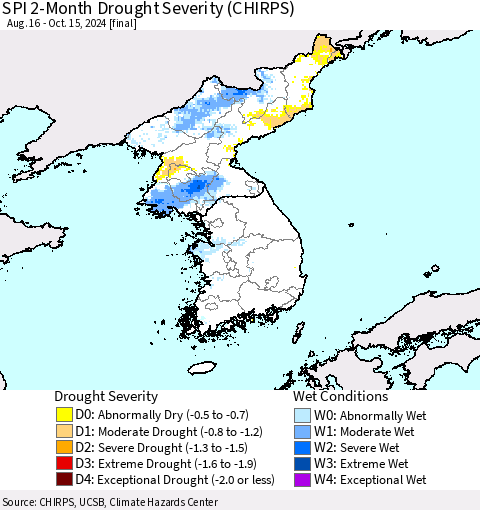 Korea SPI 2-Month Drought Severity (CHIRPS) Thematic Map For 8/16/2024 - 10/15/2024