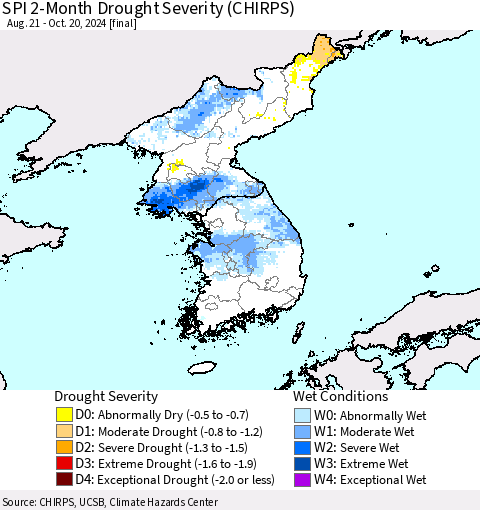 Korea SPI 2-Month Drought Severity (CHIRPS) Thematic Map For 8/21/2024 - 10/20/2024