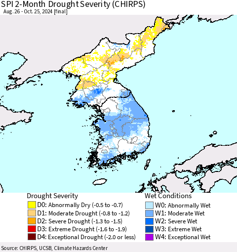 Korea SPI 2-Month Drought Severity (CHIRPS) Thematic Map For 8/26/2024 - 10/25/2024