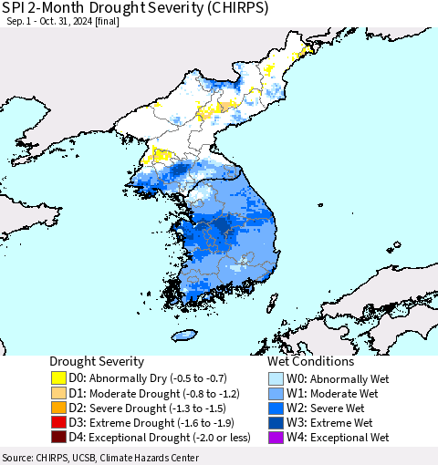 Korea SPI 2-Month Drought Severity (CHIRPS) Thematic Map For 9/1/2024 - 10/31/2024