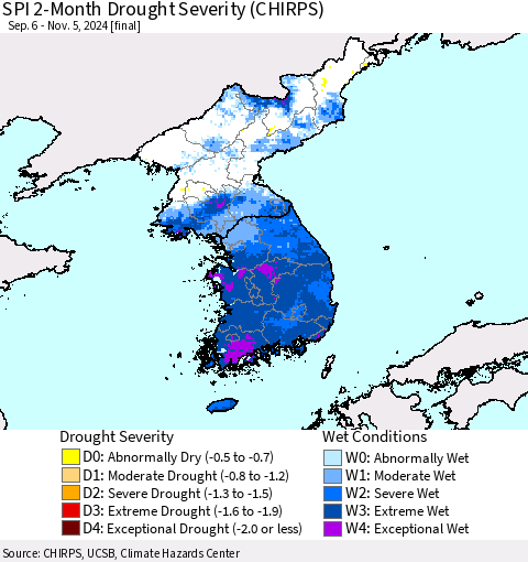 Korea SPI 2-Month Drought Severity (CHIRPS) Thematic Map For 9/6/2024 - 11/5/2024