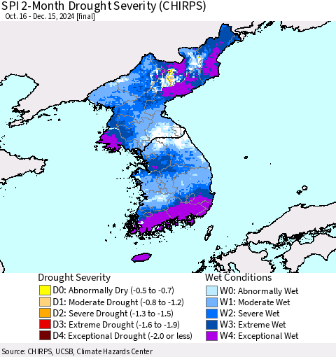 Korea SPI 2-Month Drought Severity (CHIRPS) Thematic Map For 10/16/2024 - 12/15/2024