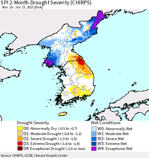 Korea SPI 2-Month Drought Severity (CHIRPS) Thematic Map For 11/16/2024 - 1/15/2025