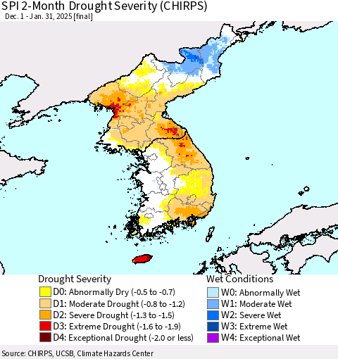Korea SPI 2-Month Drought Severity (CHIRPS) Thematic Map For 12/1/2024 - 1/31/2025