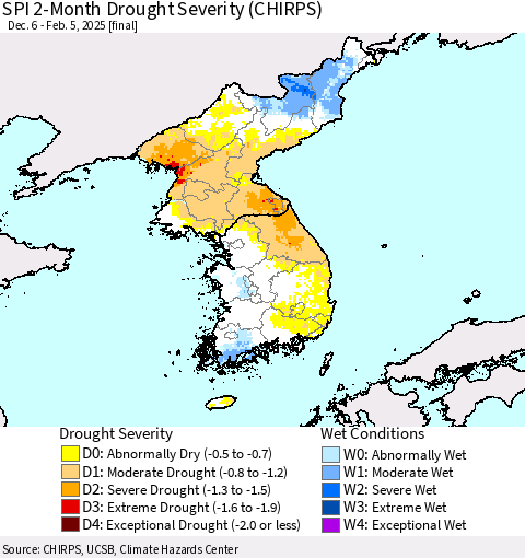 Korea SPI 2-Month Drought Severity (CHIRPS) Thematic Map For 12/6/2024 - 2/5/2025