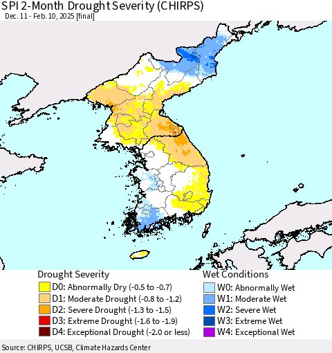Korea SPI 2-Month Drought Severity (CHIRPS) Thematic Map For 12/11/2024 - 2/10/2025