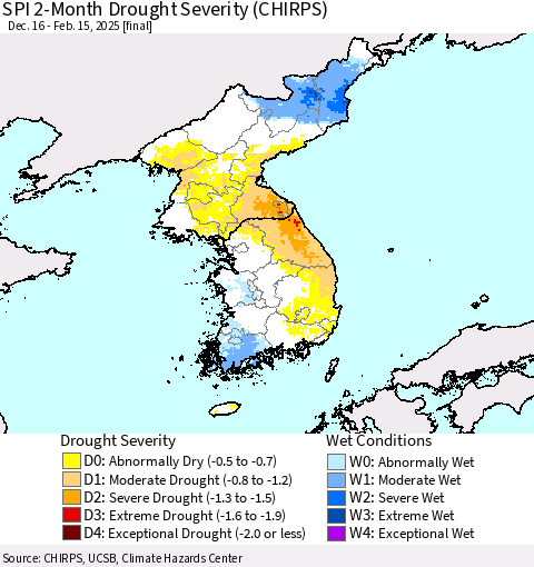 Korea SPI 2-Month Drought Severity (CHIRPS) Thematic Map For 12/16/2024 - 2/15/2025