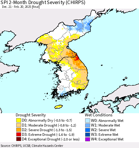 Korea SPI 2-Month Drought Severity (CHIRPS) Thematic Map For 12/21/2024 - 2/20/2025