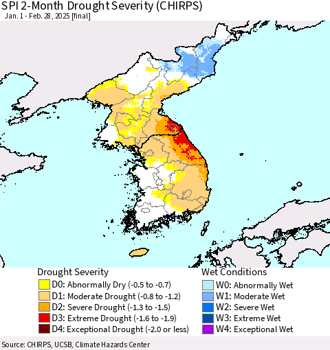 Korea SPI 2-Month Drought Severity (CHIRPS) Thematic Map For 1/1/2025 - 2/28/2025