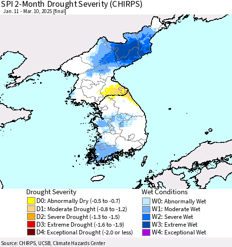 Korea SPI 2-Month Drought Severity (CHIRPS) Thematic Map For 1/11/2025 - 3/10/2025