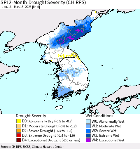 Korea SPI 2-Month Drought Severity (CHIRPS) Thematic Map For 1/16/2025 - 3/15/2025