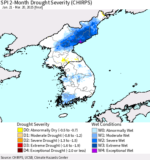 Korea SPI 2-Month Drought Severity (CHIRPS) Thematic Map For 1/21/2025 - 3/20/2025