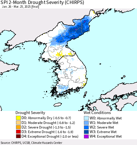 Korea SPI 2-Month Drought Severity (CHIRPS) Thematic Map For 1/26/2025 - 3/25/2025