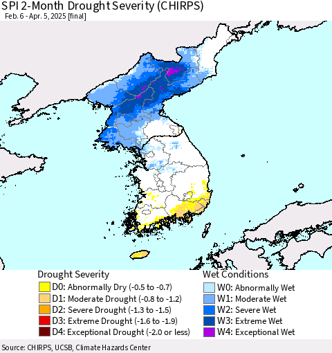 Korea SPI 2-Month Drought Severity (CHIRPS) Thematic Map For 2/6/2025 - 4/5/2025
