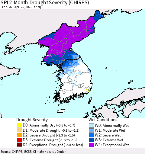 Korea SPI 2-Month Drought Severity (CHIRPS) Thematic Map For 2/26/2025 - 4/25/2025
