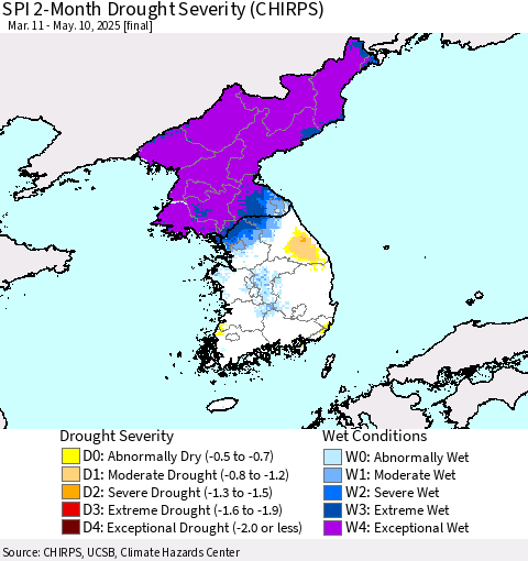 Korea SPI 2-Month Drought Severity (CHIRPS) Thematic Map For 3/11/2025 - 5/10/2025