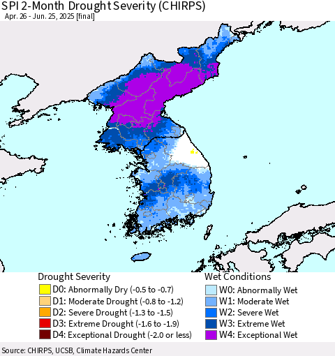 Korea SPI 2-Month Drought Severity (CHIRPS) Thematic Map For 4/26/2025 - 6/25/2025