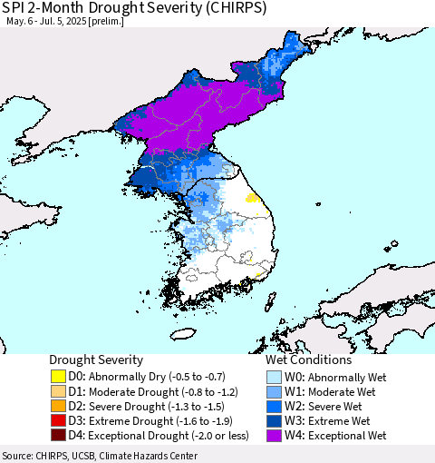 Korea SPI 2-Month Drought Severity (CHIRPS) Thematic Map For 5/6/2025 - 7/5/2025