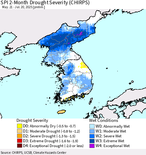 Korea SPI 2-Month Drought Severity (CHIRPS) Thematic Map For 5/21/2025 - 7/20/2025