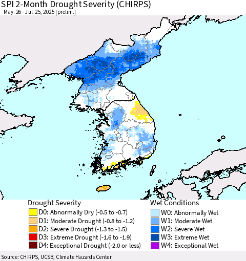 Korea SPI 2-Month Drought Severity (CHIRPS) Thematic Map For 5/26/2025 - 7/25/2025