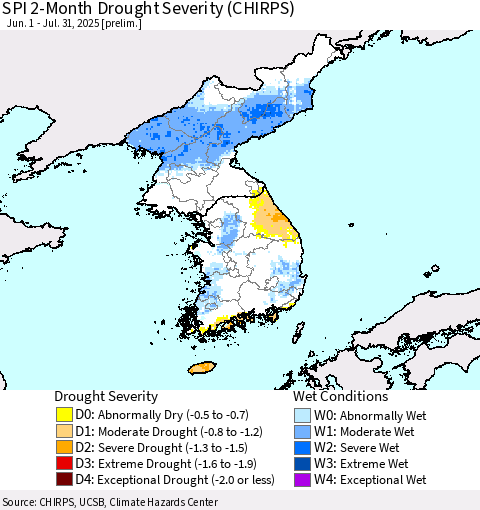 Korea SPI 2-Month Drought Severity (CHIRPS) Thematic Map For 6/1/2025 - 7/31/2025