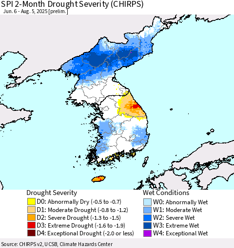 Korea SPI 2-Month Drought Severity (CHIRPS) Thematic Map For 6/6/2025 - 8/5/2025