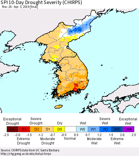 Korea SPI 10-Day Drought Severity (CHIRPS) Thematic Map For 3/26/2019 - 4/5/2019