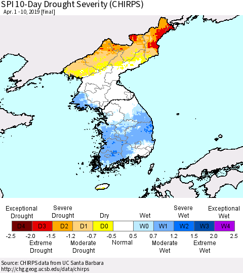 Korea SPI 10-Day Drought Severity (CHIRPS) Thematic Map For 4/1/2019 - 4/10/2019