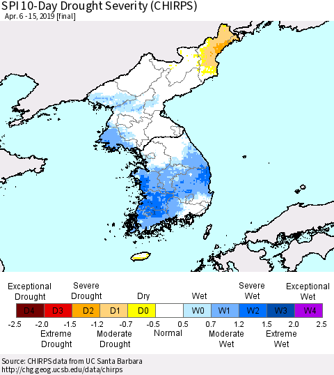 Korea SPI 10-Day Drought Severity (CHIRPS) Thematic Map For 4/6/2019 - 4/15/2019