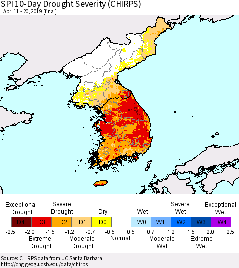 Korea SPI 10-Day Drought Severity (CHIRPS) Thematic Map For 4/11/2019 - 4/20/2019