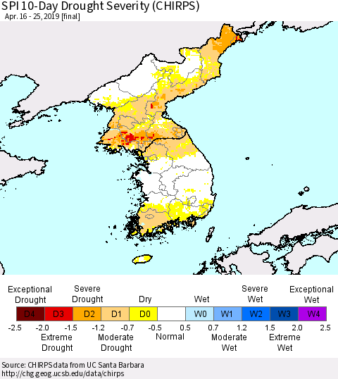 Korea SPI 10-Day Drought Severity (CHIRPS) Thematic Map For 4/16/2019 - 4/25/2019