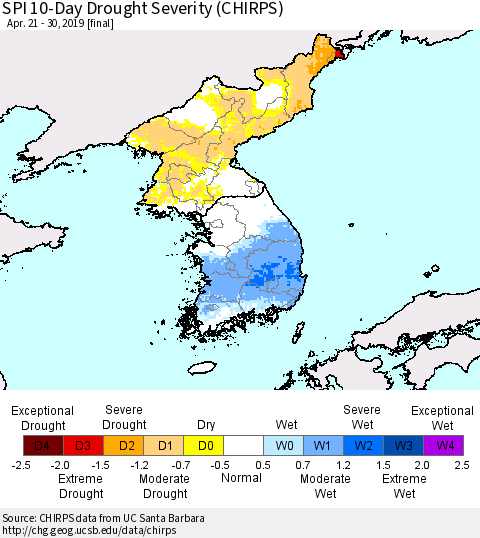 Korea SPI 10-Day Drought Severity (CHIRPS) Thematic Map For 4/21/2019 - 4/30/2019