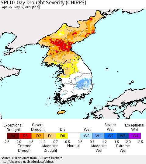 Korea SPI 10-Day Drought Severity (CHIRPS) Thematic Map For 4/26/2019 - 5/5/2019