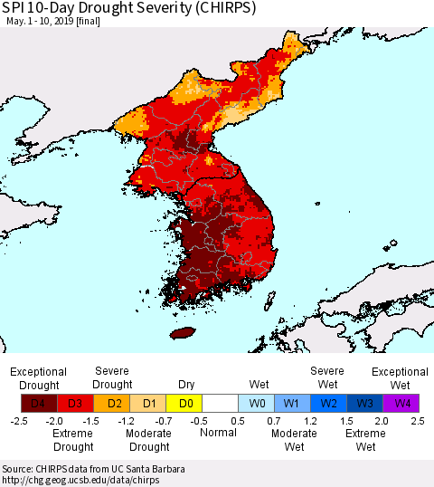 Korea SPI 10-Day Drought Severity (CHIRPS) Thematic Map For 5/1/2019 - 5/10/2019