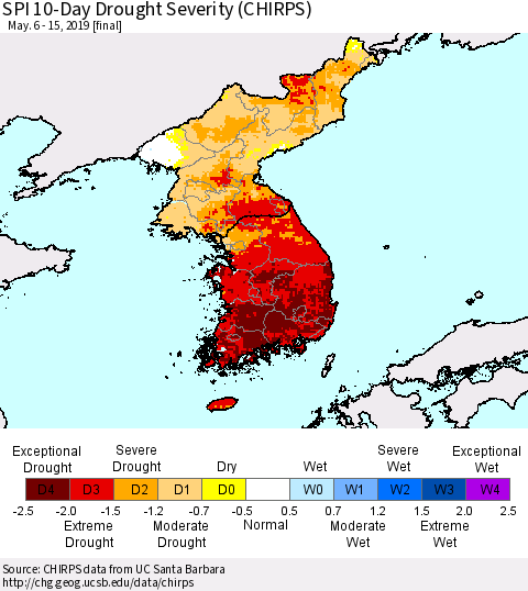 Korea SPI 10-Day Drought Severity (CHIRPS) Thematic Map For 5/6/2019 - 5/15/2019