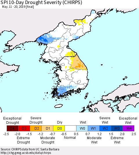 Korea SPI 10-Day Drought Severity (CHIRPS) Thematic Map For 5/11/2019 - 5/20/2019
