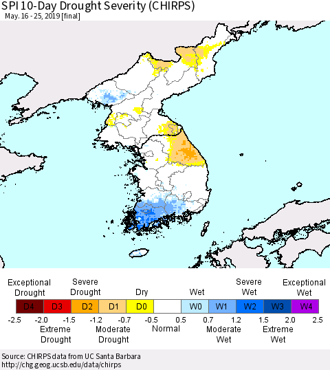 Korea SPI 10-Day Drought Severity (CHIRPS) Thematic Map For 5/16/2019 - 5/25/2019