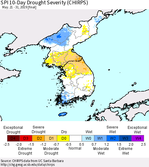 Korea SPI 10-Day Drought Severity (CHIRPS) Thematic Map For 5/21/2019 - 5/31/2019