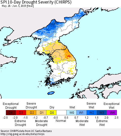 Korea SPI 10-Day Drought Severity (CHIRPS) Thematic Map For 5/26/2019 - 6/5/2019