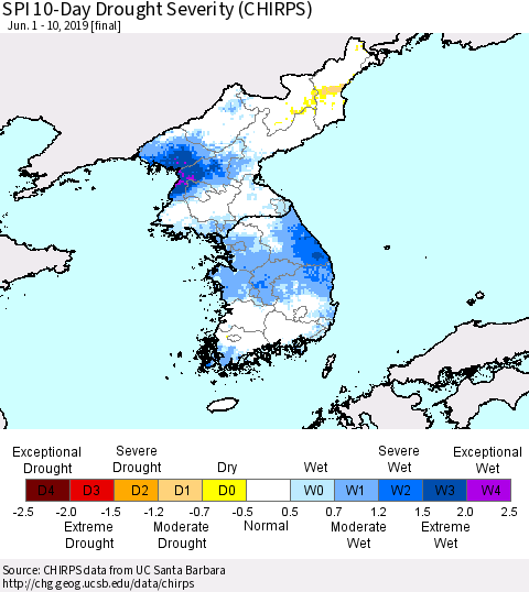 Korea SPI 10-Day Drought Severity (CHIRPS) Thematic Map For 6/1/2019 - 6/10/2019