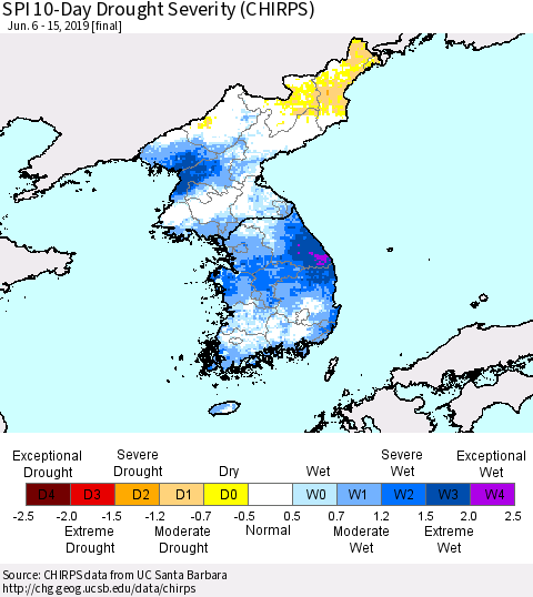 Korea SPI 10-Day Drought Severity (CHIRPS) Thematic Map For 6/6/2019 - 6/15/2019