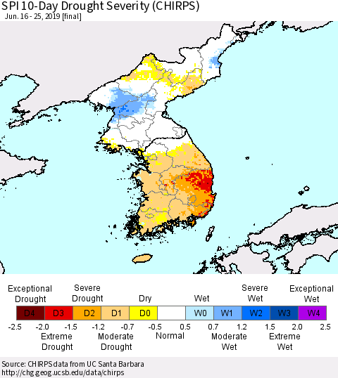 Korea SPI 10-Day Drought Severity (CHIRPS) Thematic Map For 6/16/2019 - 6/25/2019