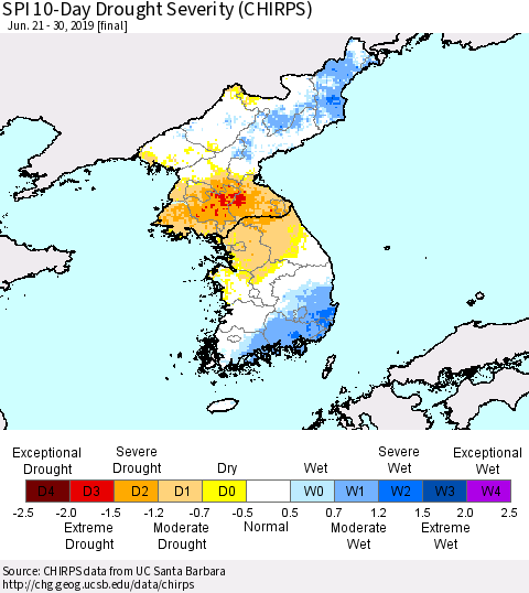 Korea SPI 10-Day Drought Severity (CHIRPS) Thematic Map For 6/21/2019 - 6/30/2019