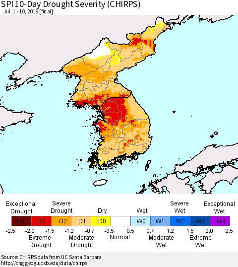 Korea SPI 10-Day Drought Severity (CHIRPS) Thematic Map For 7/1/2019 - 7/10/2019