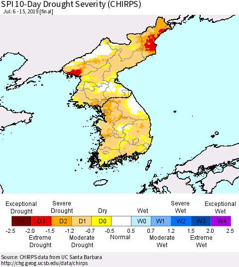 Korea SPI 10-Day Drought Severity (CHIRPS) Thematic Map For 7/6/2019 - 7/15/2019