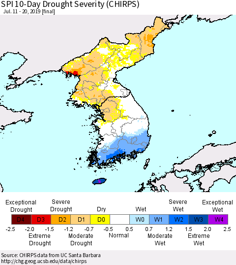 Korea SPI 10-Day Drought Severity (CHIRPS) Thematic Map For 7/11/2019 - 7/20/2019