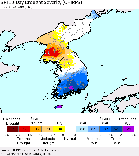 Korea SPI 10-Day Drought Severity (CHIRPS) Thematic Map For 7/16/2019 - 7/25/2019