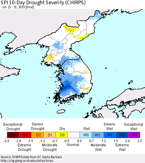 Korea SPI 10-Day Drought Severity (CHIRPS) Thematic Map For 7/21/2019 - 7/31/2019
